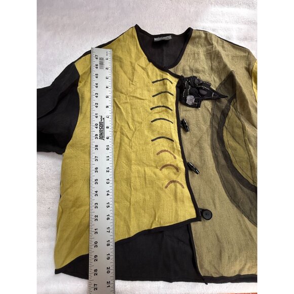 Alissa Artistic Asymmetric Linen Jacket Womens Small Yellow Black Art to Wear - Picture 7 of 7